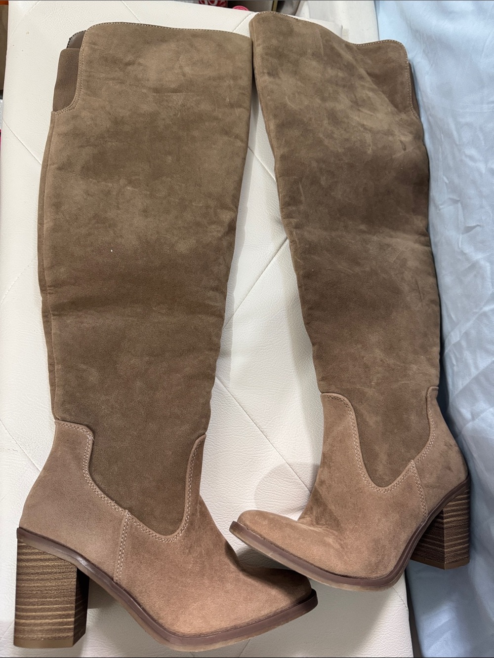 Over-the-Knee Suede Block Heel Boots - Taupe